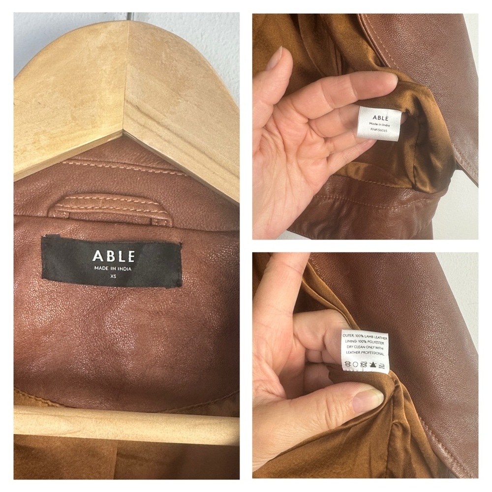 ABLE Maha Soft Lamb Leather Jacket XS in Whiskey Brown Cropped Moto Zipper Cuffs - Picture 16 of 16